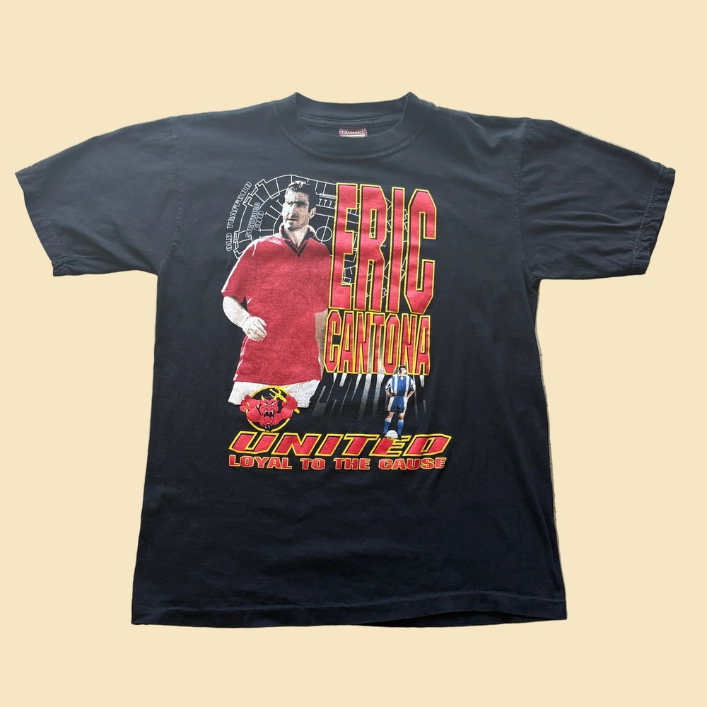 Vintage Eric Cantona Manchester United T-Shirt Black Stars & Stripes Size M
